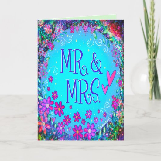 Mr & Mrs Fun Bloemenblauw Bruiloft Inspirativiteit Kaart (Voorkant)