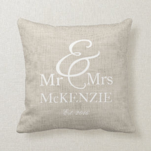 "Mr & Mrs." gepersonaliseerd met faux burlap backg Kussen