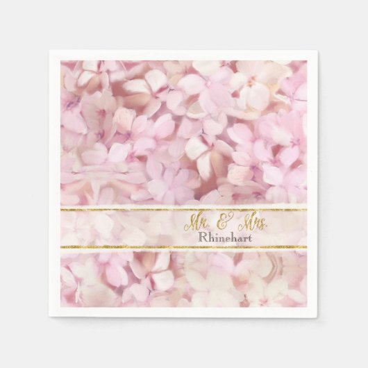 Mr & Mrs Gold Faux Glitter Roze Hortensia Bloemen Servet (Voorkant)