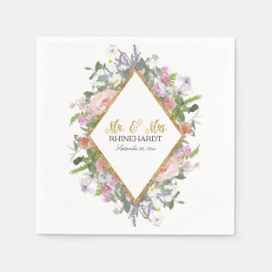 Mr & Mrs Gold Faux Glitter Wildflower Floral Art Servetten