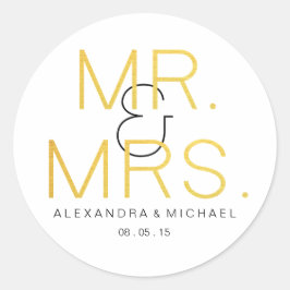 Mr&Mrs. Gouden Elegante Typografie Bruiloft Ronde Sticker