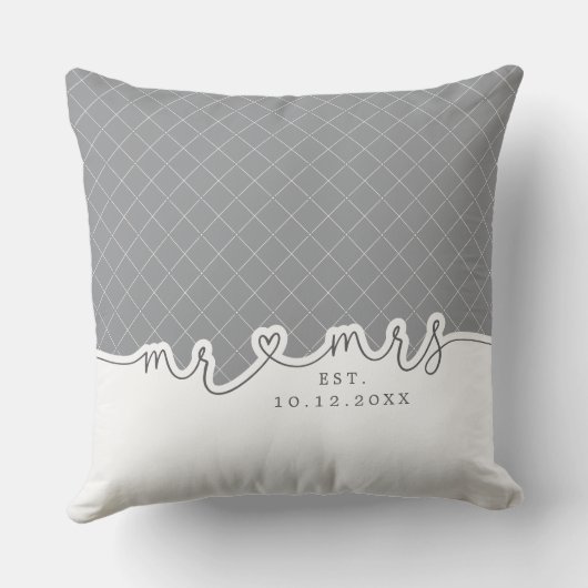Mr Mrs Heart Script Grijs Wit Trouwkussen Kussen (Achterkant)