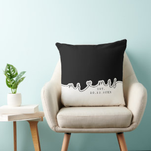 Mr Mrs Heart Script Zwart Wit Trouwkussen Kussen