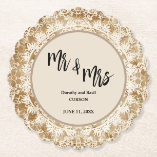Mr & Mrs Lace Doily Wedding Kartonnen Onderzetters