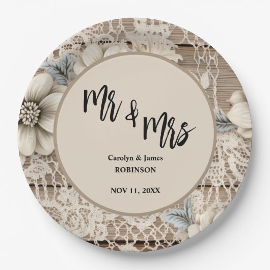 Mr & Mrs  Lace Rustic Wedding Papieren Bordje (Voorkant)