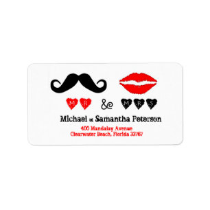 Mr & Mrs Lips & Mustache Trouwadres Etiket