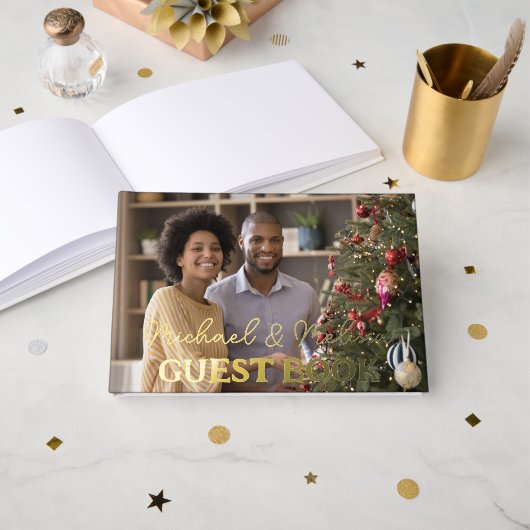 Mr & Mrs Mariage Photo Élégant Script Gold (Recto ouvert)