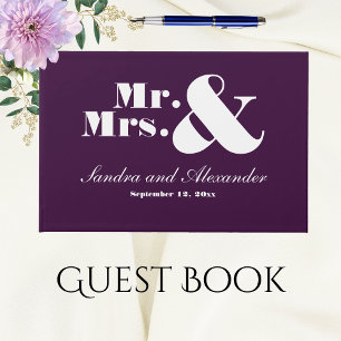 Mr. Mrs. Modern Minimal Bold Jewel Paarse bruiloft Gastenboek
