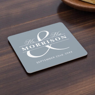 Mr Mrs Monogram Dusty Blue Wedding Vierkante Kartonnen Onderzetter