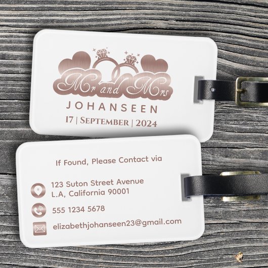 Mr & Mrs Monogram Wit Rose Goud Bruiloft Pas getro Bagagelabel