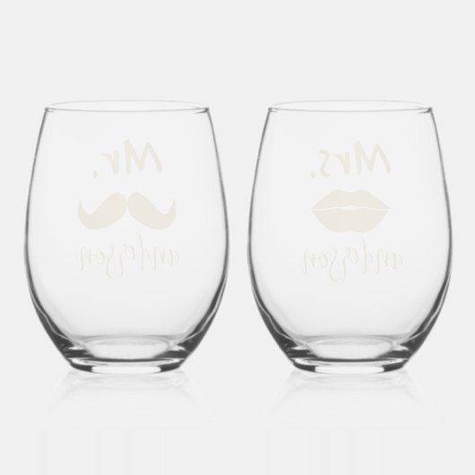 Mr & Mrs Mustache Lips Gepersonaliseerde bruiloft Wijnglas Zonder Voet (Achterkant)