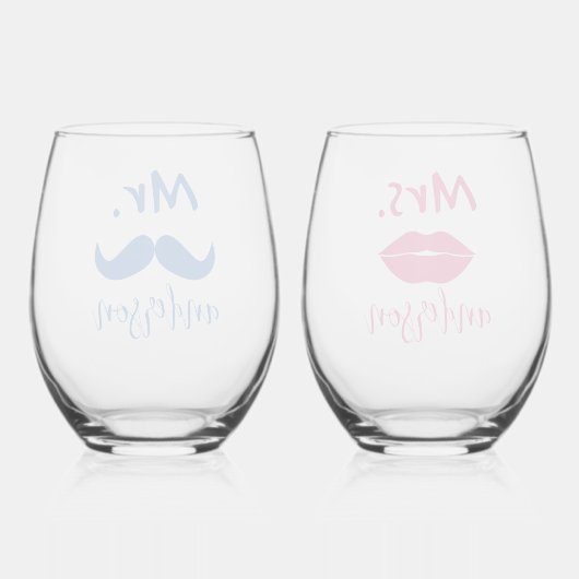 Mr & Mrs Mustache Lips Gepersonaliseerde bruiloft Wijnglas Zonder Voet (Achterkant)