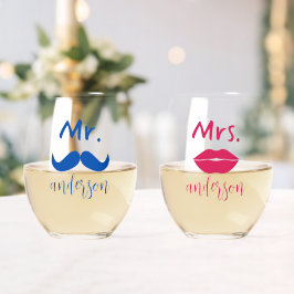 Mr & Mrs Mustache Lips Gepersonaliseerde bruiloft Wijnglas Zonder Voet
