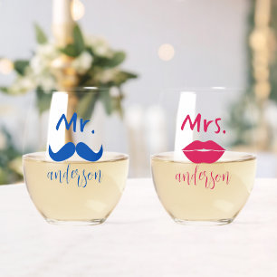 Mr & Mrs Mustache Lips Gepersonaliseerde bruiloft Wijnglas Zonder Voet
