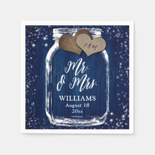Mr & Mrs Navy Blue Wood Mason Jar Barn Wedding Servet