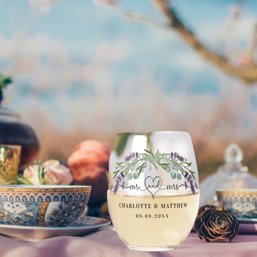 Mr. Mrs. onlangs trouwt lavendel bruiloft Wijnglas Zonder Voet