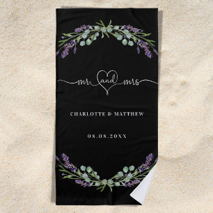 Mr. Mrs. Onlangs Trouwt Lavendel Zwart Bruiloft Strandlaken