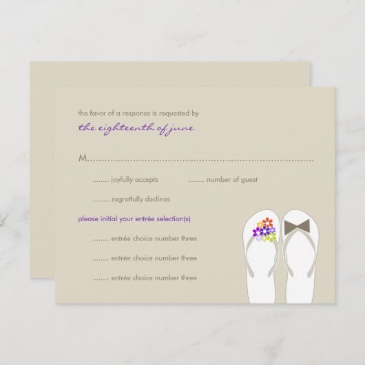 Mr & Mrs Paarse Teenslippers Beach bruiloft RSVP-k RSVP Kaartje (Voorkant / Achterkant)