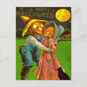 Mr & Mrs pompoen met hun zwarte kat Briefkaart