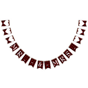 Mr. & Mrs. Red Black Buffalo Plaid Bruiloft Vlaggetjes