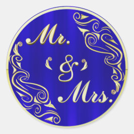 MR MRS Regal Gouden Typografie Royal Blue Wedding Ronde Sticker