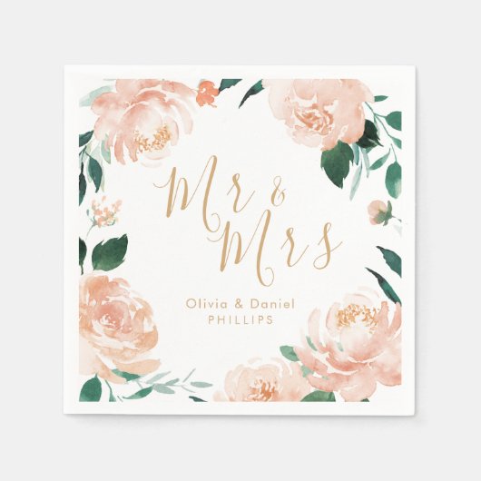 Mr & Mrs Romantic garden peach floral bruiloft Servet (Voorkant)