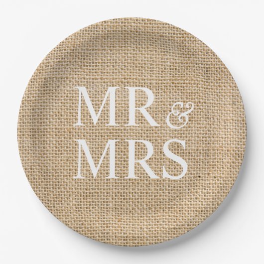 Mr & Mrs Rustic Burlap Wedding Simple Papieren Bordje (Voorkant)