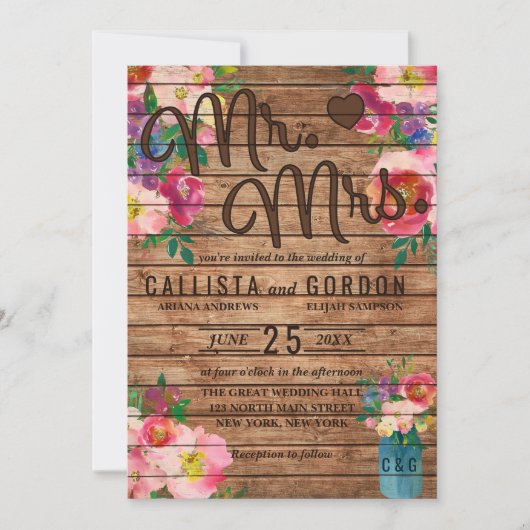 Mr Mrs Rustic Pink Floral Wood Mason Jar Wedding Kaart (Voorkant)