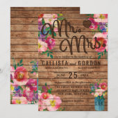 Mr Mrs Rustic Pink Floral Wood Mason Jar Wedding Kaart (Voorkant / Achterkant)