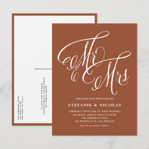 Mr & Mrs Rustic Script Terracotta QR Code Wedding Uitnodiging Briefkaart