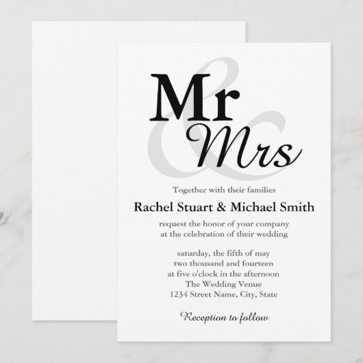 Mr &Mrs Simple Elegant Typography Wedding Kaart (Voorkant / Achterkant)