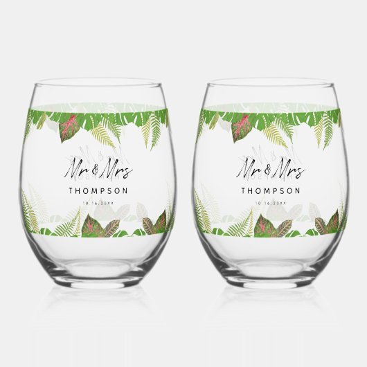 Mr & Mrs Tropical Leaves Script Huwelijkscadeau Wijnglas Zonder Voet (Voorkant)