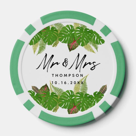 Mr & Mrs Tropical Leaves Script Trouwplezier Poker Chips (Achterkant)