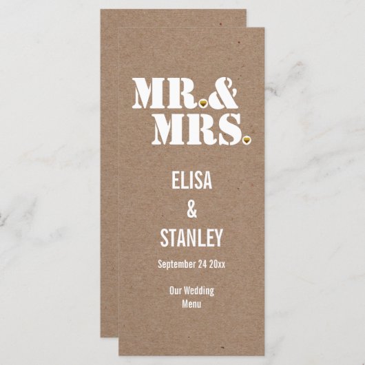 Mr & Mrs typografie kraft papieren trouwmenu Menu (Voorkant / Achterkant)