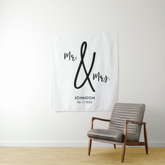 Mr. & Mrs Wedding Backdrop Aangepaste achternaam D Wandkleed (In situ)