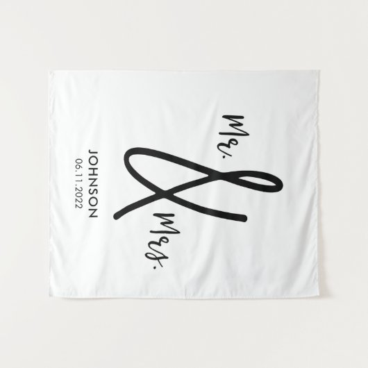 Mr. & Mrs Wedding Backdrop Aangepaste achternaam D Wandkleed (Voorkant (horizontaal))