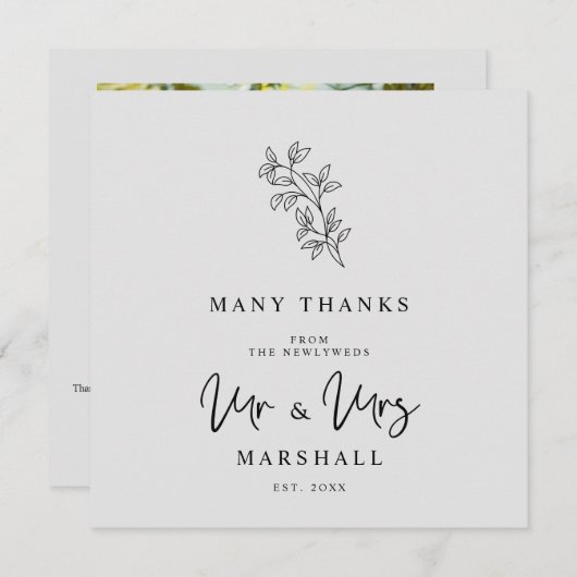 MR & MRS Wedding Black Fancy Minimalist Branches Bedankkaart (Voorkant / Achterkant)