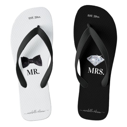 Mr. & Mrs Wedding Black & White Teenslippers (Voetbed)
