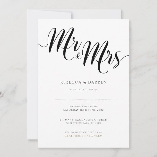 Mr & Mrs Wedding Invitation Black & White Kaart (Voorkant)