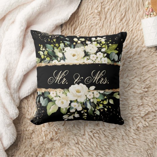 Mr & Mrs White Gold Botanical Floral Black Rustic Kussen (Deken)