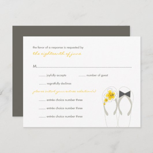 Mr & Mrs Yellow Teenslippers Beach bruiloft RSVP-k RSVP Kaartje (Voorkant / Achterkant)