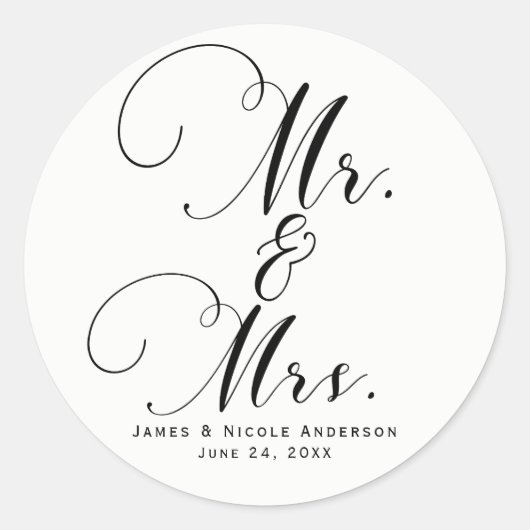 Mr & Mrs Zwart Wit Script Aangepaste bruiloft guns Ronde Sticker (Voorkant)