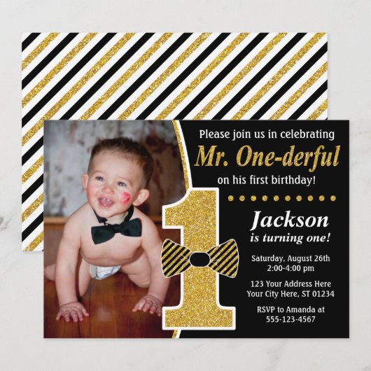 Mr ONEderful Birthday Invitation avec photo (Devant / Derrière)
