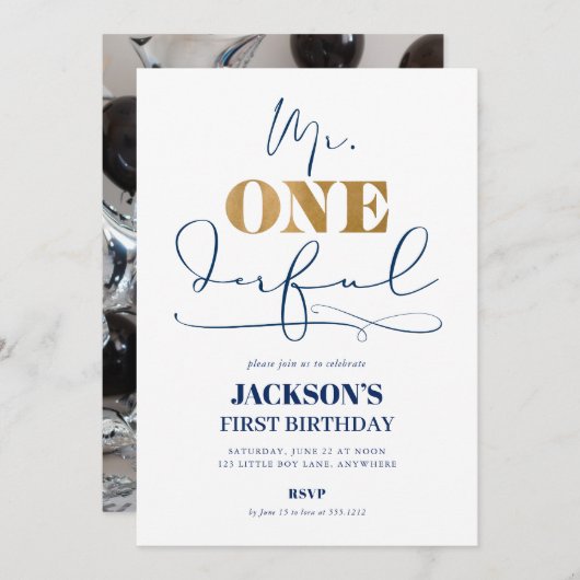 Mr. ONEderful First Birthday Photo Invitation (Devant / Derrière)