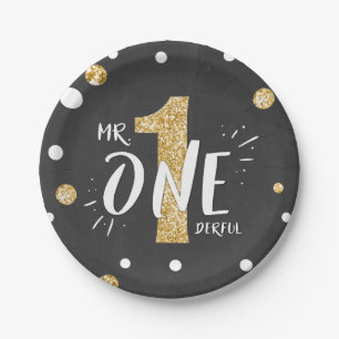 Mr Onederful Party Papier Borden Boy Zwart Goud Papieren Bordje