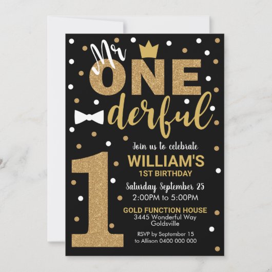 Mr Onederful Uitnodiging Zwart en Goud (Voorkant)