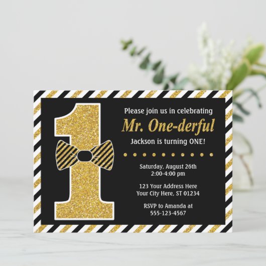 Mr ONEderful Verjaardag uitnodiging · Zwart en Gou (Staand voorkant)