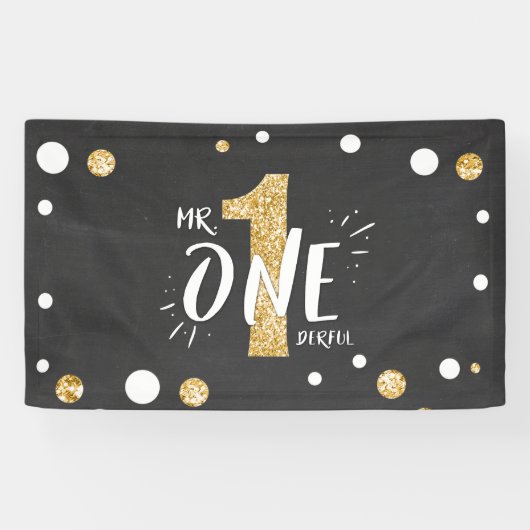 Mr Onederful Verjaardagsbanner Jongen Zwart Goud Spandoek (Horizontaal)