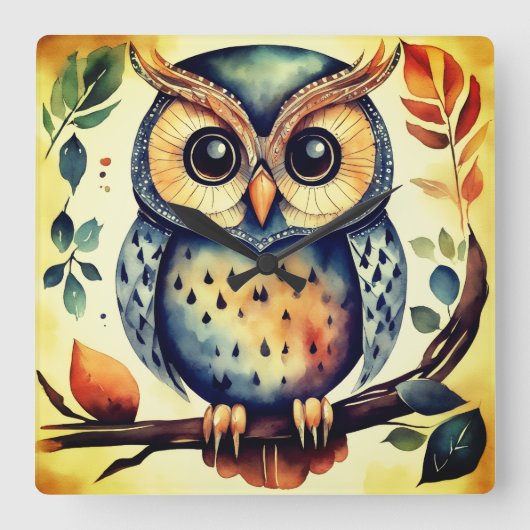 Mr. Primitive Owl Vierkante Klok (Voorkant)