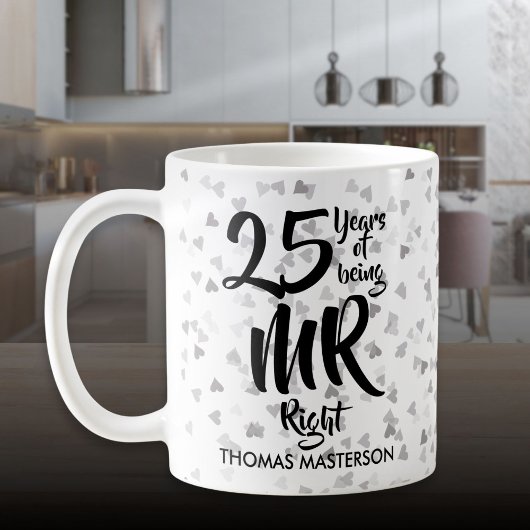 Mr Right 25th Anniversary Silver Hearts Confetti Koffiemok